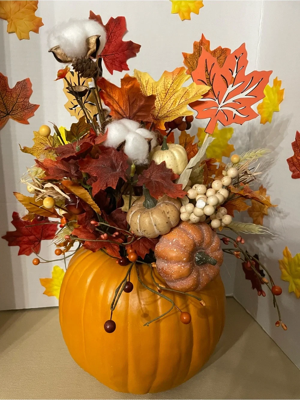 Custom handmade by Mel Autumn Pumpkin Floral Arrangement - 17” x 14” approx